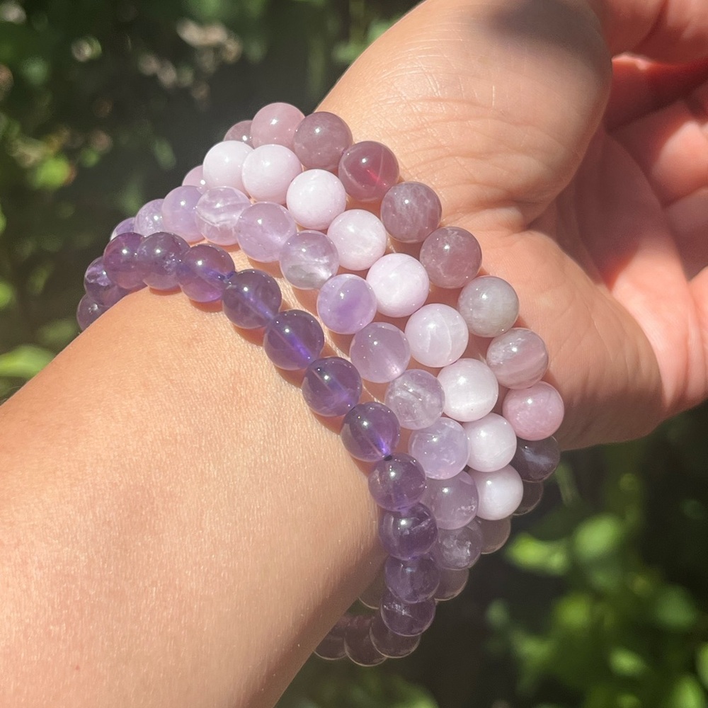 8mm‎ stretchable purple rose quartz, kunzite, lavender, dark amethyst bracelets